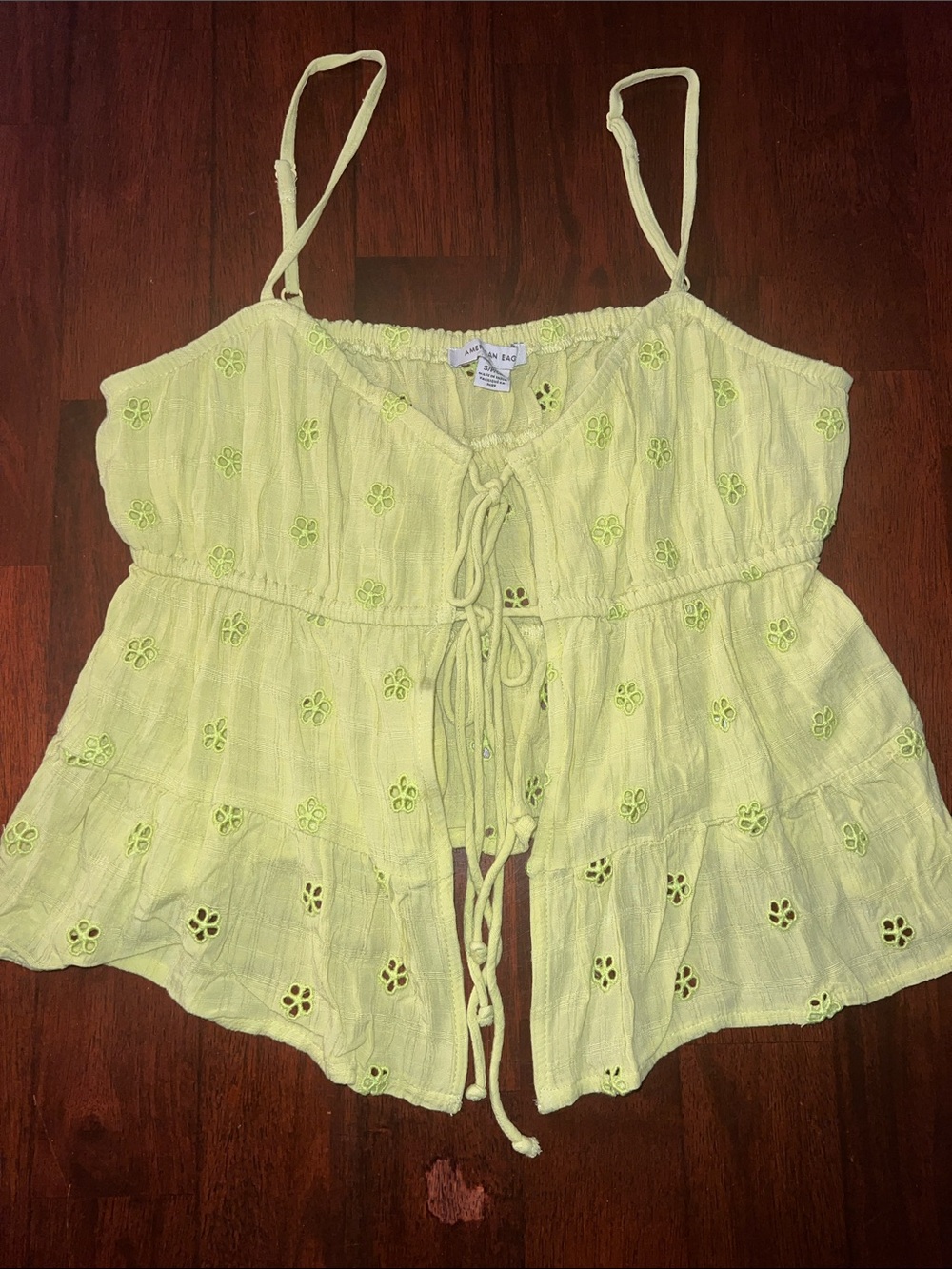 American Eagle Outfitters Pale Yellow Eyelet Tie-Front Tank Top